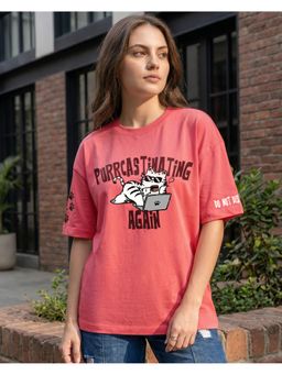 Bewakoof - Womens Deep Sea Coral Pink Purrcastinate Graphic Printed Oversized T-Shirt