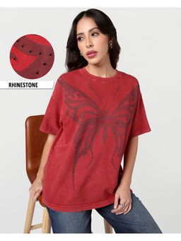 Bewakoof - Womens Salsa Red Embroidered Oversized Acid Wash T-Shirt