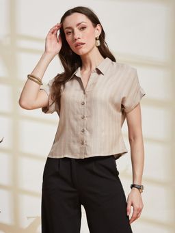Latin Quarters - Womens Beige Stripes Collared Cap Sleeve Casual Shirt
