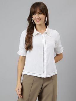 Latin Quarters - Womens White Solid Collared Half Sleeve Casual Shirt