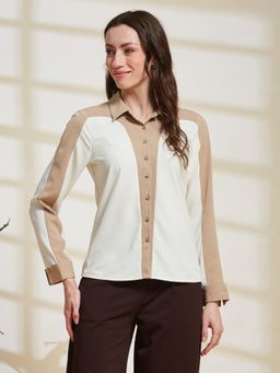 Latin Quarters - Womens Ivory Colorblock Collared Full Sleeve Casual Shirt