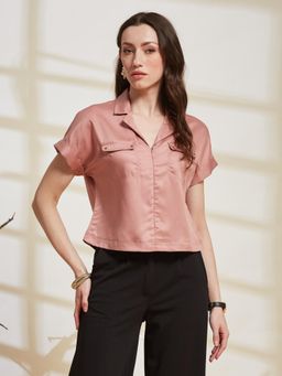 Latin Quarters - Womens Pink Solid Collared Cap Sleeve Casual Shirt
