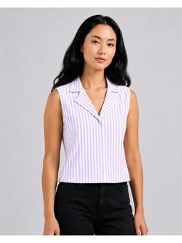 Twenty Dresses by Nykaa Fashion - Womens Purple Stripes Sleeveless Collared Crop Top