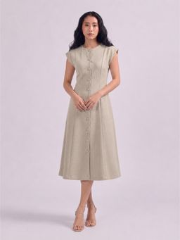 Twenty Dresses by Nykaa Fashion - Womens Beige Cap Sleeve Button Down A Line Midi Dress