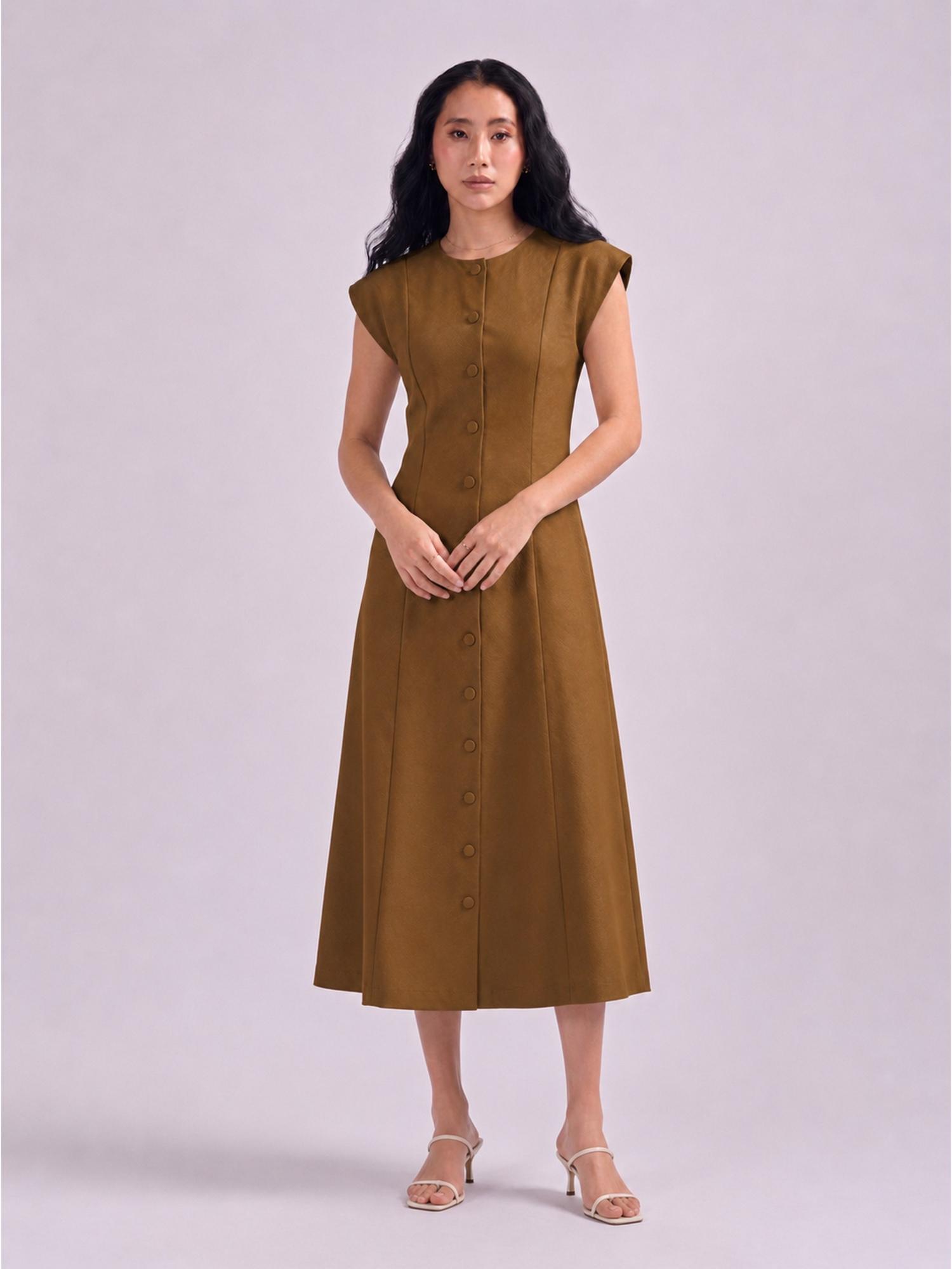 Womens Brown Cap Sleeve Button Down A Line Midi Dress-picture-24