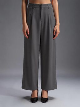 Twenty Dresses by Nykaa Fashion - Womens Grey Polyester Pleated High Waist Wide Leg Trouser