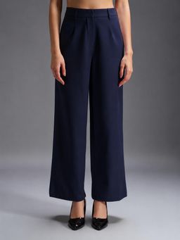 Twenty Dresses by Nykaa Fashion - Womens Navy Blue High Waist Wide Leg Polyester Trouser