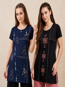 Vero Amore - Womens Printed Half Sleeve Round Neck Long T-Shirt (Pack of 2)