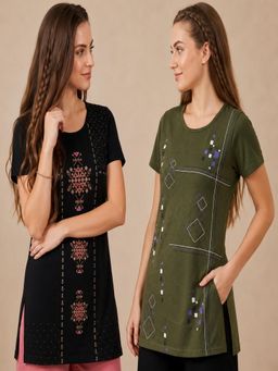 Vero Amore - Womens Printed Half Sleeve Round Neck Long T-Shirt (Pack of 2)