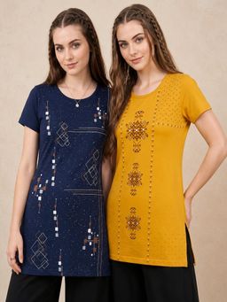 Vero Amore - Womens Printed Half Sleeve Round Neck Long T-Shirt (Pack of 2)
