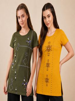 Vero Amore - Womens Printed Half Sleeve Round Neck Long T-Shirt (Pack of 2)