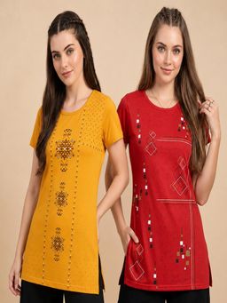 Vero Amore - Womens Printed Half Sleeve Round Neck Long T-Shirt (Pack of 2)