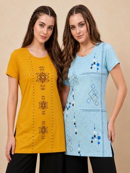 Vero Amore - Womens Printed Half Sleeve Round Neck Long T-Shirt (Pack of 2)