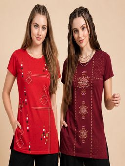 Vero Amore - Womens Printed Half Sleeve Round Neck Long T-Shirt (Pack of 2)