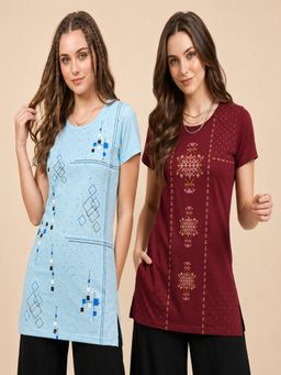 Vero Amore - Womens Printed Half Sleeve Round Neck Long T-Shirt (Pack of 2)