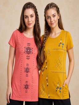 Vero Amore - Womens Printed Half Sleeve Round Neck Long T-Shirt (Pack of 2)
