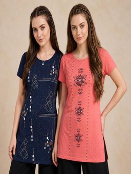Vero Amore - Womens Printed Half Sleeve Round Neck Long T-Shirt (Pack of 2)