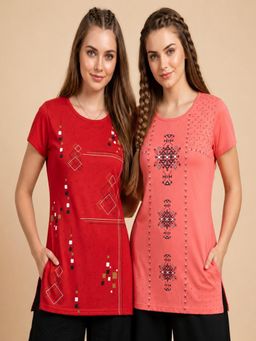 Vero Amore - Womens Printed Half Sleeve Round Neck Long T-Shirt (Pack of 2)