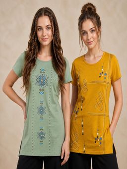 Vero Amore - Womens Printed Half Sleeve Round Neck Long T-Shirt (Pack of 2)