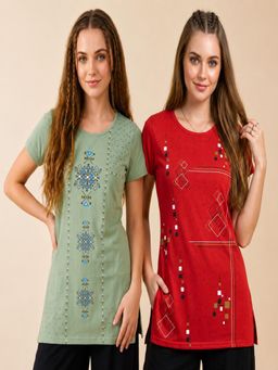 Vero Amore - Womens Printed Half Sleeve Round Neck Long T-Shirt (Pack of 2)