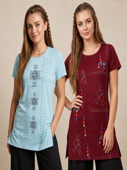 Vero Amore - Womens Printed Half Sleeve Round Neck Long T-Shirt (Pack of 2)
