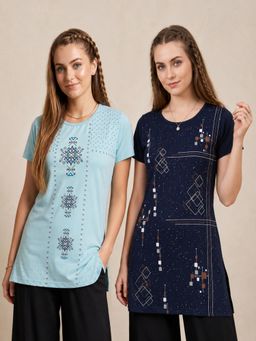 Vero Amore - Womens Printed Half Sleeve Round Neck Long T-Shirt (Pack of 2)