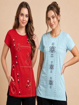 Vero Amore - Womens Printed Half Sleeve Round Neck Long T-Shirt (Pack of 2)
