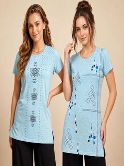 Vero Amore - Womens Blue Printed Half Sleeve Round Neck Long T-Shirt (Pack of 2)