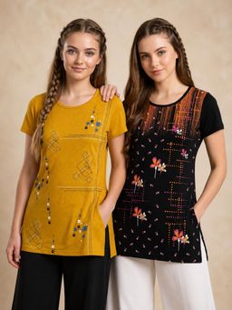 Vero Amore - Womens Printed Half Sleeve Round Neck Long T-Shirt (Pack of 2)