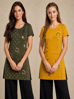 Vero Amore - Womens Printed Half Sleeve Round Neck Long T-Shirt (Pack of 2)