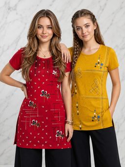 Vero Amore - Womens Printed Half Sleeve Round Neck Long T-Shirt (Pack of 2)