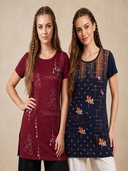 Vero Amore - Womens Printed Half Sleeve Round Neck Long T-Shirt (Pack of 2)