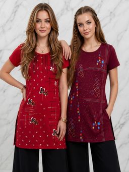 Vero Amore - Womens Printed Half Sleeve Round Neck Long T-Shirt (Pack of 2)