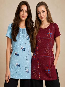 Vero Amore - Womens Printed Half Sleeve Round Neck Long T-Shirt (Pack of 2)