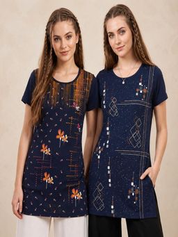 Vero Amore - Womens Navy Blue Printed Half Sleeve Round Neck Long T-Shirt (Pack of 2)