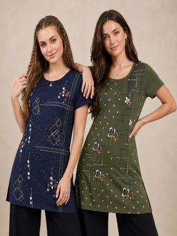 Vero Amore - Womens Printed Half Sleeve Round Neck Long T-Shirt (Pack of 2)