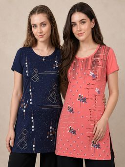 Vero Amore - Womens Printed Half Sleeve Round Neck Long T-Shirt (Pack of 2)