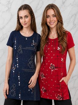 Vero Amore - Womens Printed Half Sleeve Round Neck Long T-Shirt (Pack of 2)