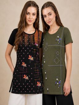Vero Amore - Womens Printed Half Sleeve Round Neck Long T-Shirt (Pack of 2)