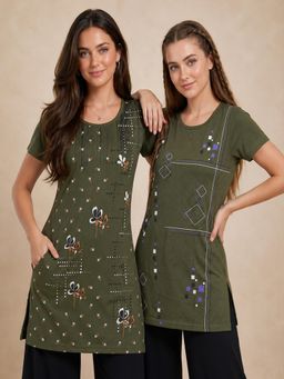 Vero Amore - Womens Olive Printed Half Sleeve Round Neck Long T-Shirt (Pack of 2)