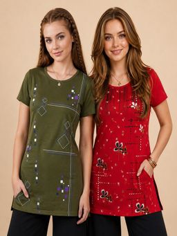 Vero Amore - Womens Printed Half Sleeve Round Neck Long T-Shirt (Pack of 2)