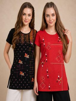 Vero Amore - Womens Printed Half Sleeve Round Neck Long T-Shirt (Pack of 2)