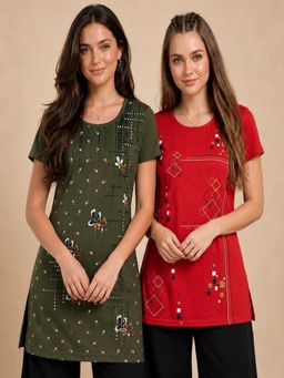Vero Amore - Womens Printed Half Sleeve Round Neck Long T-Shirt (Pack of 2)