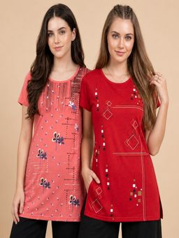 Vero Amore - Womens Printed Half Sleeve Round Neck Long T-Shirt (Pack of 2)