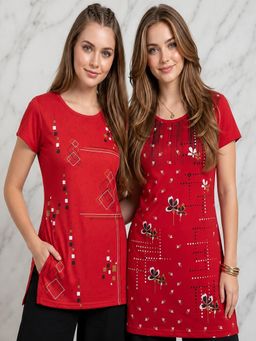 Vero Amore - Womens Red Printed Half Sleeve Round Neck Long T-Shirt (Pack of 2)