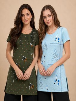 Vero Amore - Womens Printed Half Sleeve Round Neck Long T-Shirt (Pack of 2)