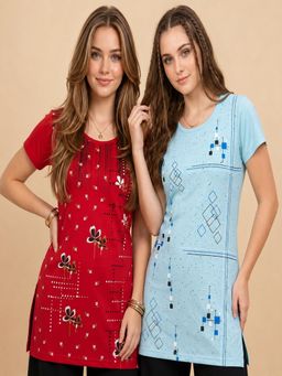 Vero Amore - Womens Printed Half Sleeve Round Neck Long T-Shirt (Pack of 2)