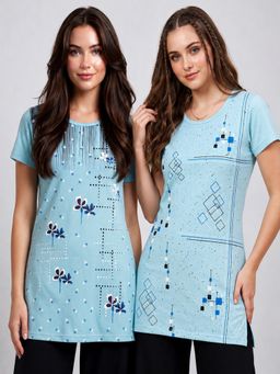 Vero Amore - Womens Blue Printed Half Sleeve Round Neck Long T-Shirt (Pack of 2)