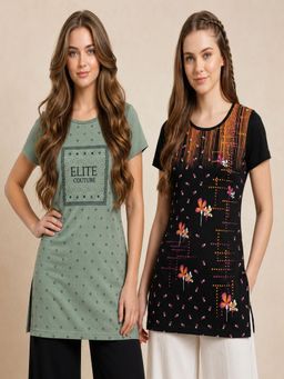 Vero Amore - Womens Printed Half Sleeve Round Neck Long T-Shirt (Pack of 2)