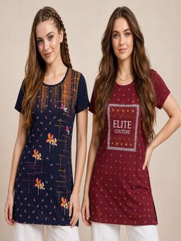 Vero Amore - Womens Printed Half Sleeve Round Neck Long T-Shirt (Pack of 2)